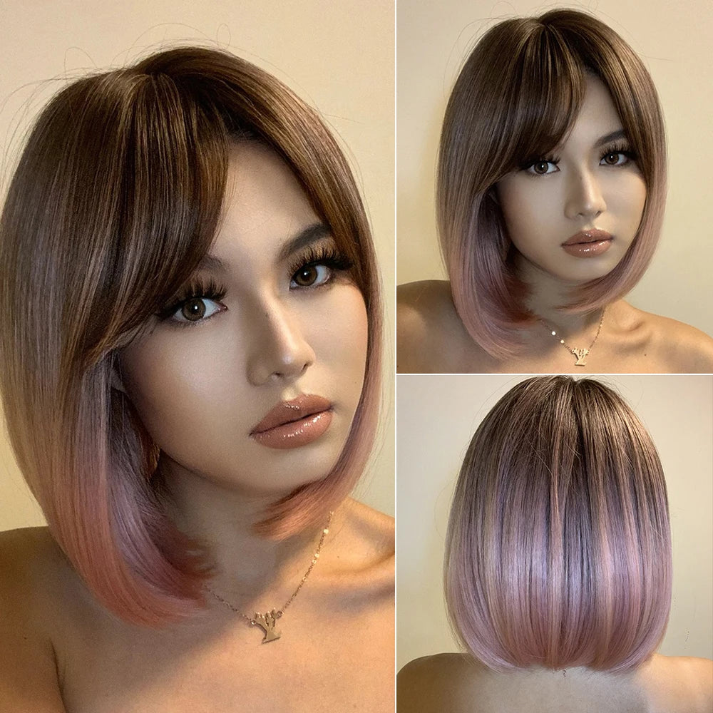 BLONDE UNICORN Synthetic Wig Natural Short Bob Wig Brown Blonde Straight Hair With Bangs Daily Use For Women Heat Resistant