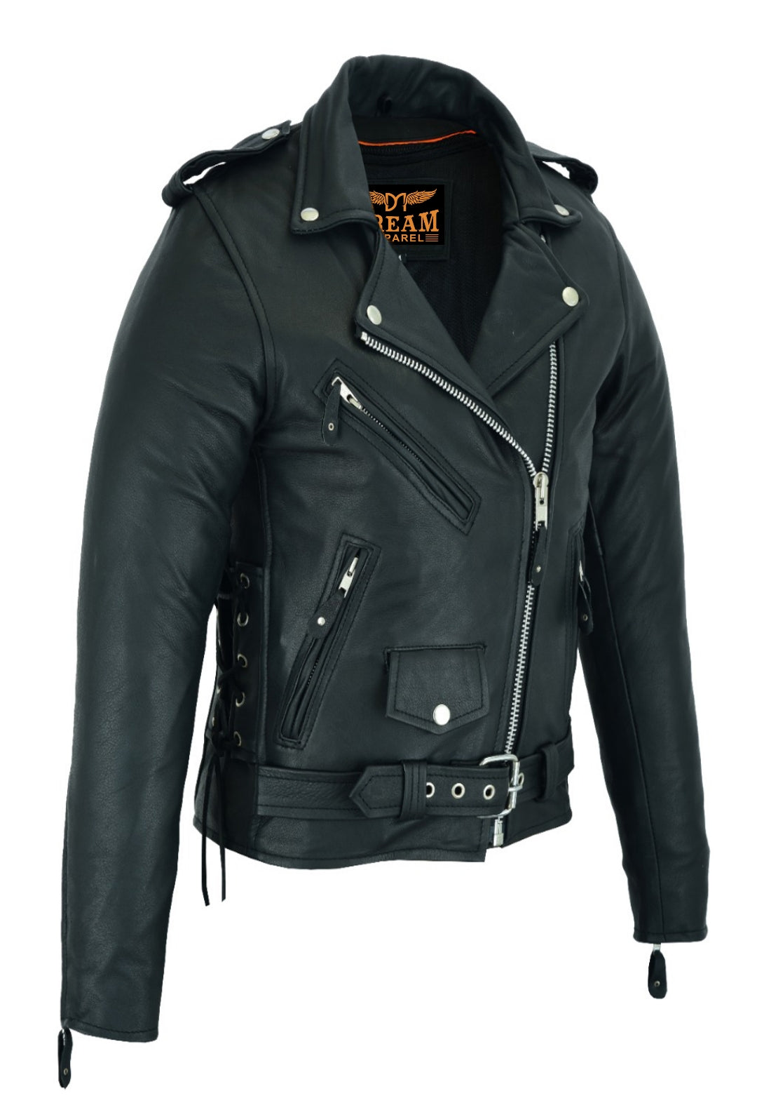 Dream Apparel Women Motorcycle Leather Jacket Cowhide Leather Conceal Carry Pockets Side Laces