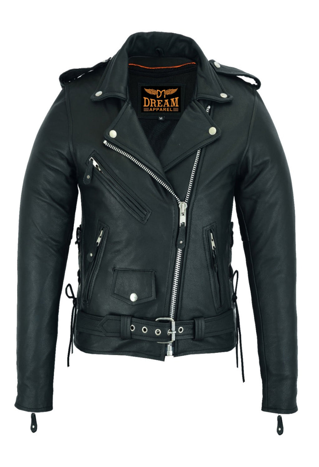 Dream Apparel Women Motorcycle Leather Jacket Cowhide Leather Conceal Carry Pockets Side Laces