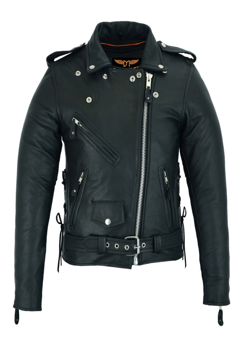 Dream Apparel Women Motorcycle Leather Jacket Cowhide Leather Conceal Carry Pockets Side Laces