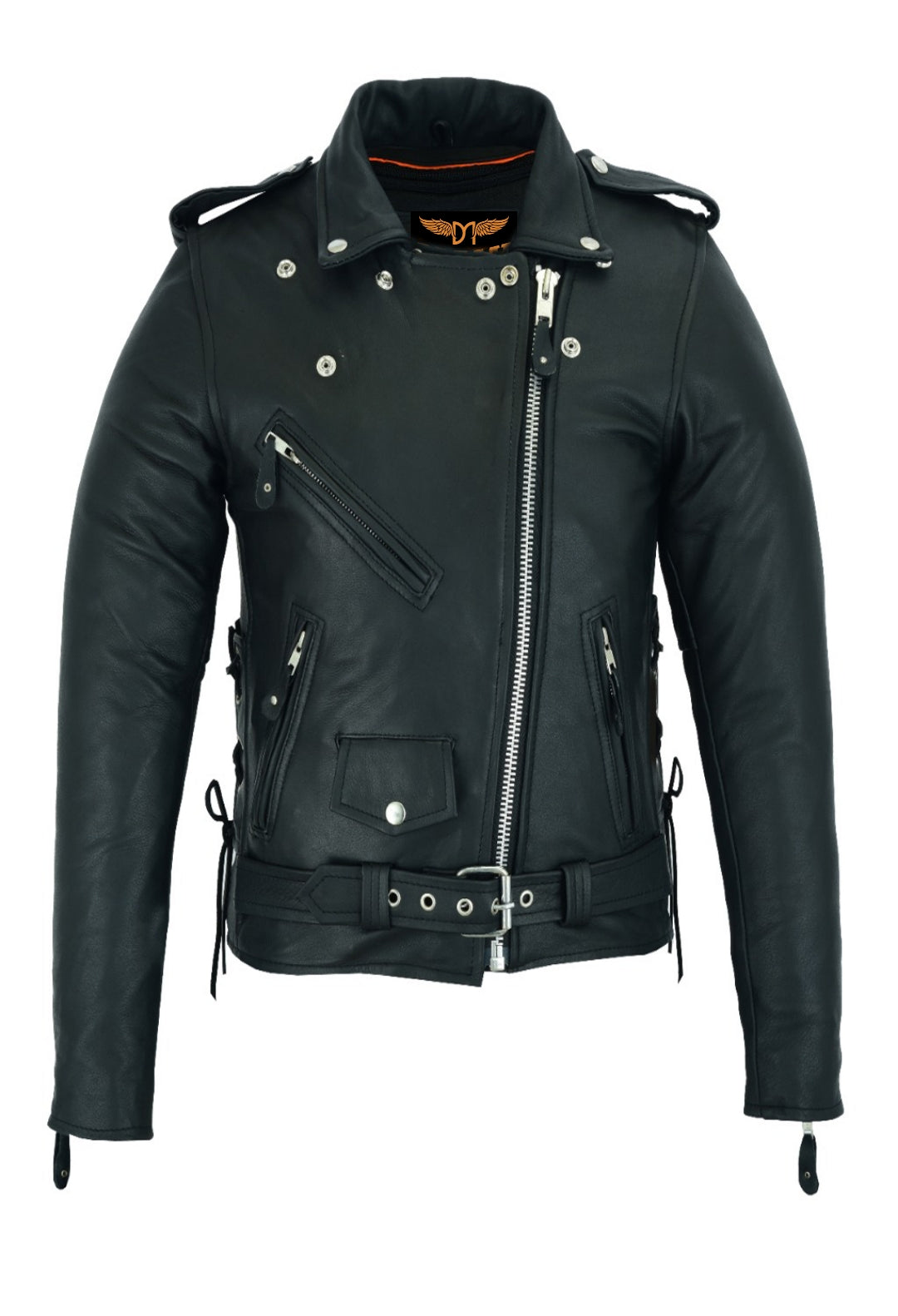 Dream Apparel Women Motorcycle Leather Jacket Cowhide Leather Conceal Carry Pockets Side Laces