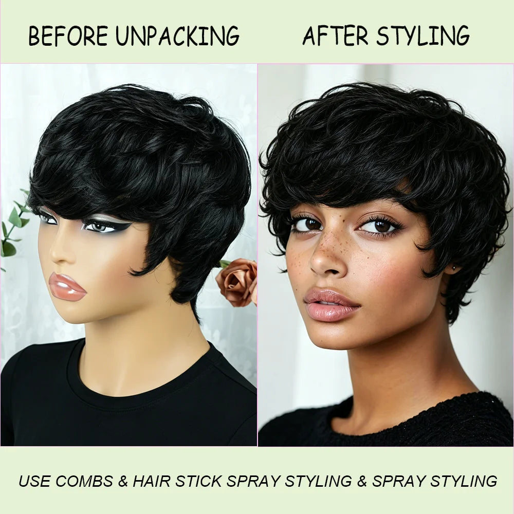 Short Layered Pixie Wigs Human Hair 100% Natural Realistic Tangle Free Pre Plucked Full Machine Made With Bangs For Women