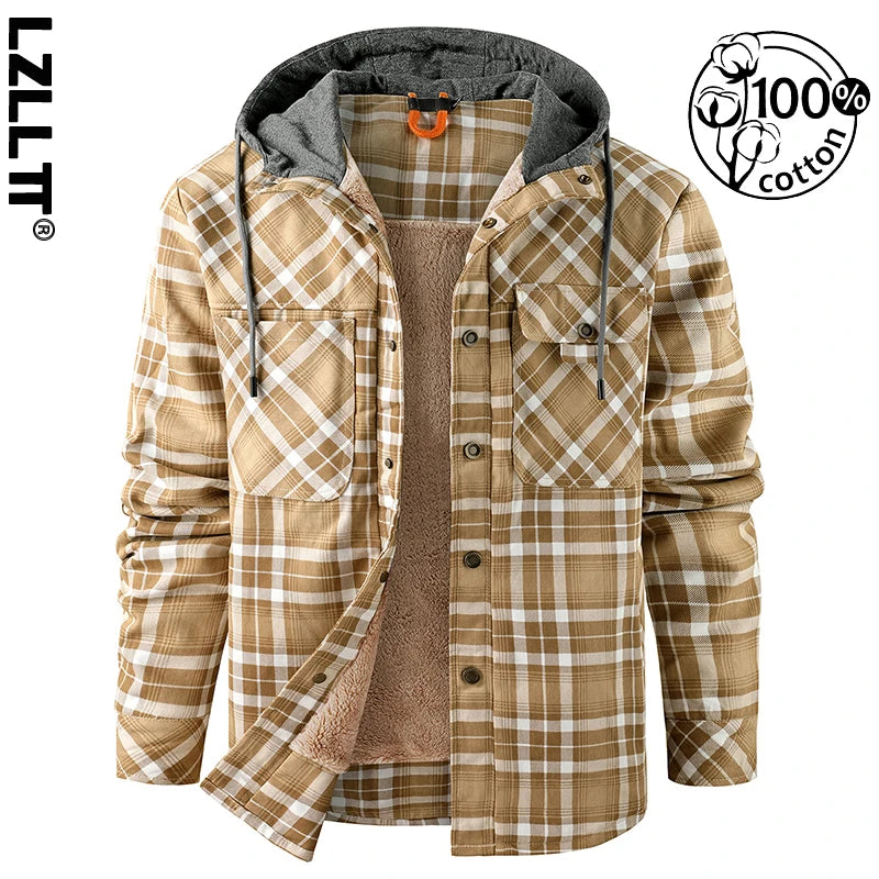 Winter Men Plaid Fleece Shirts Coats Mens Hooded Casual Shirts Man Sport Outdoor Loose Shirt Jacket Men Button Down Hoodie Shirt
