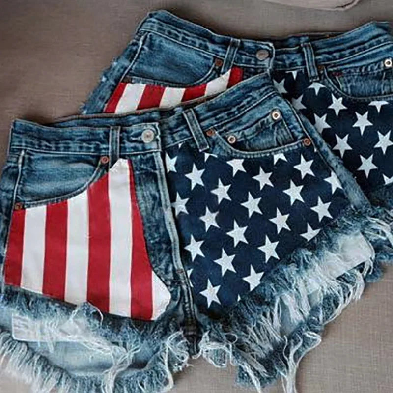 American Flag Fringed Star Printed High Waist Denim Shorts for Women