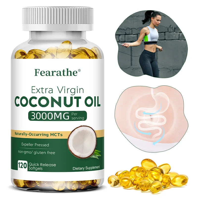 Extra Virgin Coconut Oil, 3000mg, 30/60/120 Softgels, Expeller Pressed Supplement Support for Hair, Nails & Skin Health, Non-GMO