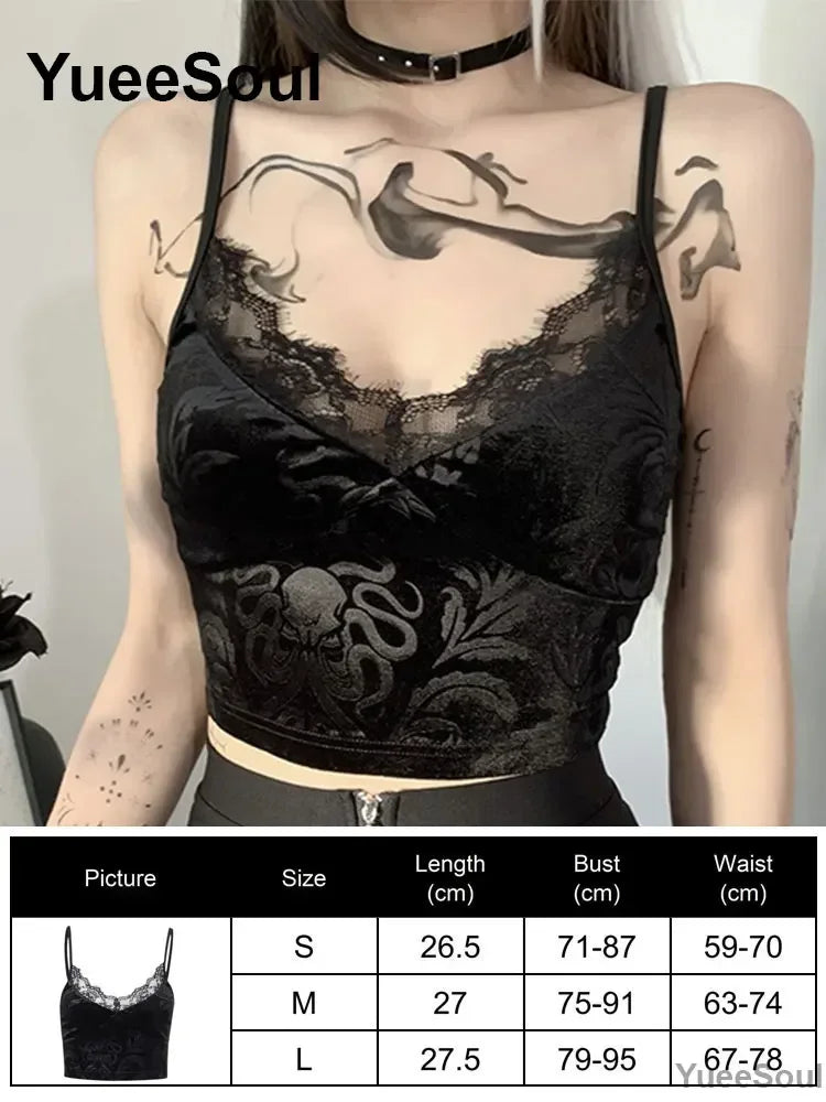 Gothic Crop Tops Black Lace Mesh Tanks Tops 2026 New Y2K Goth Punk Grunge Fairy Core Sexy Y2K Halloween 2000s Women Clothing