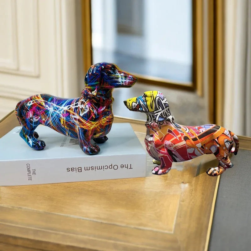 Colorful Dog Resin Statue Table Decor Graffiti Purple Dachshund Figurines Sculptures Home Living Room Cabinet Desk Decoration