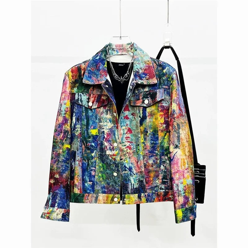 Urban Graffiti Oil Painting Denim Jacket Men's Loose Casual Fashionable Versatile Short Sleeve Flip Collar Coat by BuPaiDui