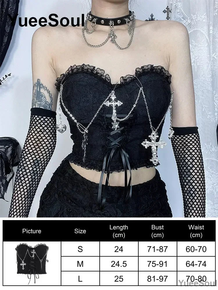 Gothic Crop Tops Black Lace Mesh Tanks Tops 2026 New Y2K Goth Punk Grunge Fairy Core Sexy Y2K Halloween 2000s Women Clothing