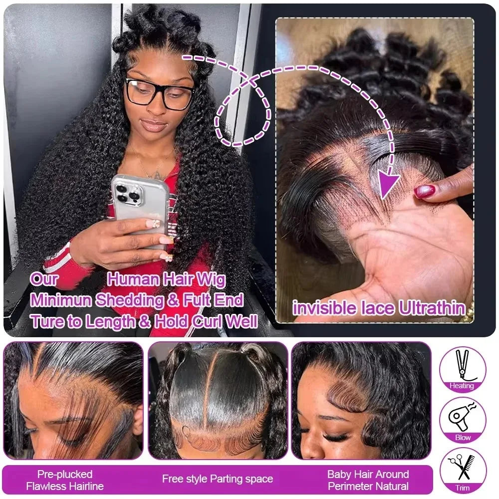 24 inch Hidden Strap 360 Front Wigs Human Hair Glueless 360 Full Lace Deep Wave Curly Human Hair Wig with invisible Drawstring