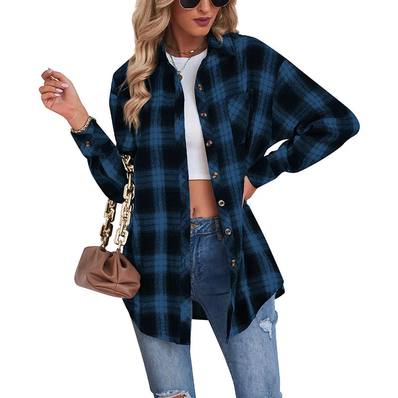 2025 Women's Retro Plaid Shirt Long Sleeve Button Cardigan Top Loose Street Fashion Casual Blouses for Female