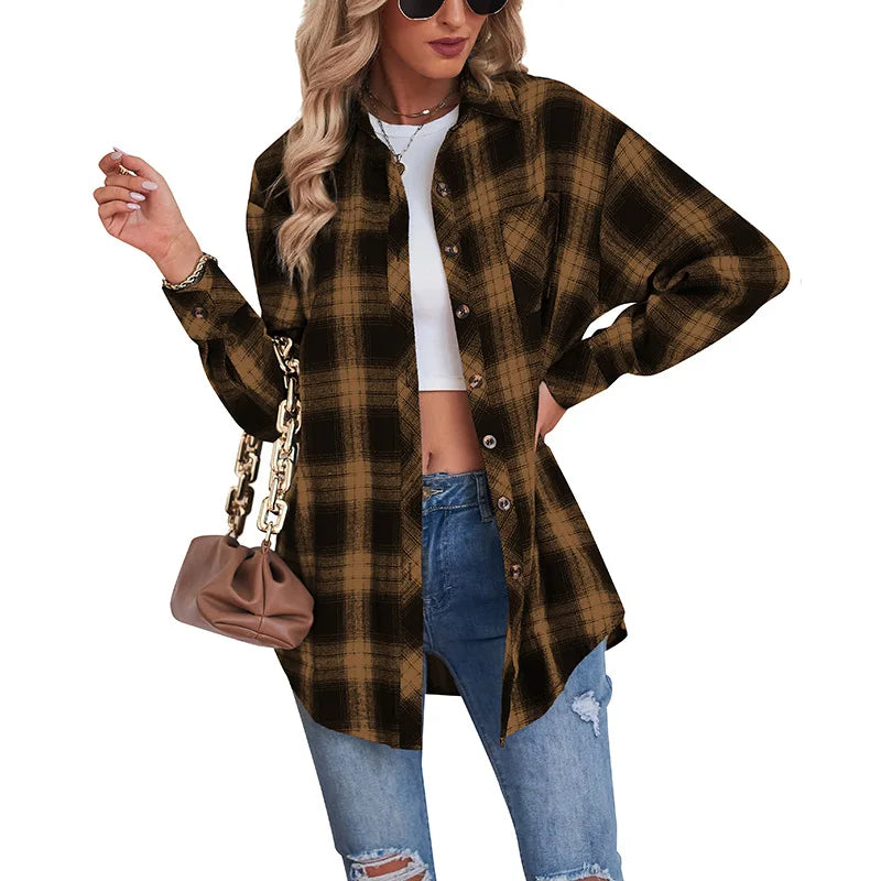 2025 Women's Retro Plaid Shirt Long Sleeve Button Cardigan Top Loose Street Fashion Casual Blouses for Female