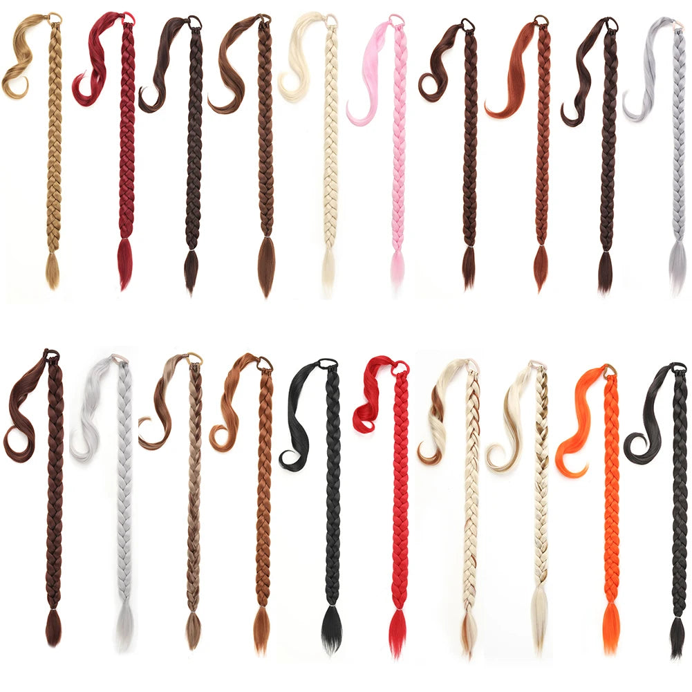 Ponytail Extensions Synthetic Boxing Braids Wrap Around Chignon Tail With Rubber Band Ombre Braid Hair Long Braided Ponytail