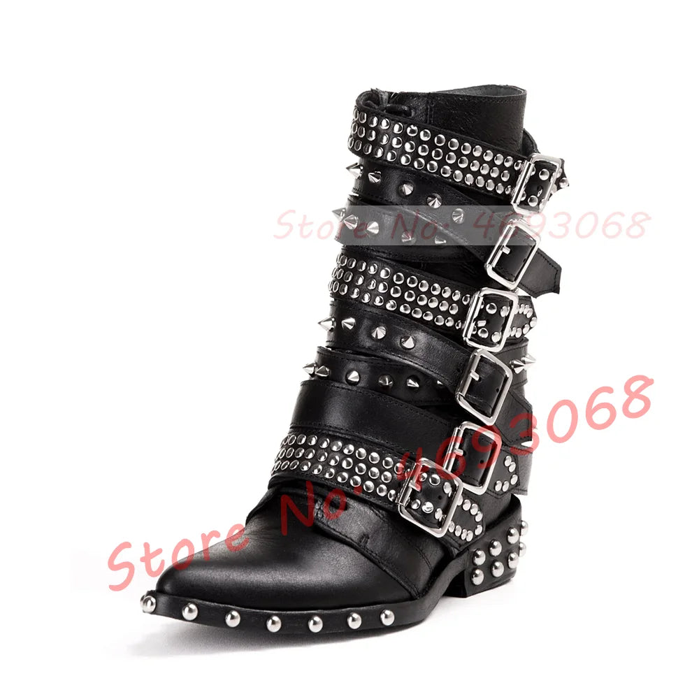 Gothic Pointy Toe Buckle Strappy Ankle Boots Women Studs Spike Rivets Strap Punk Boots Chic Female Side Zipper Low Heels Shoes