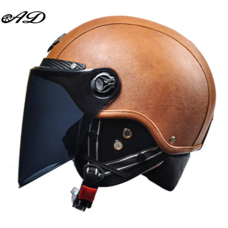 AD Retro Motorcycle Helmets with Harley Visor Leather Helmet for Man Electric Motorbike Vintage Protected Motor Safety Cap