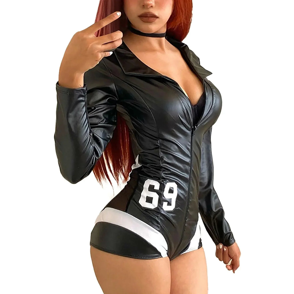 Womens Sexy Biker Racing Uniform Erotic Lingerie Leather Catsuit Sexy Shorts Bodysuits For Women Black Jumpsuits Female Bodysuit