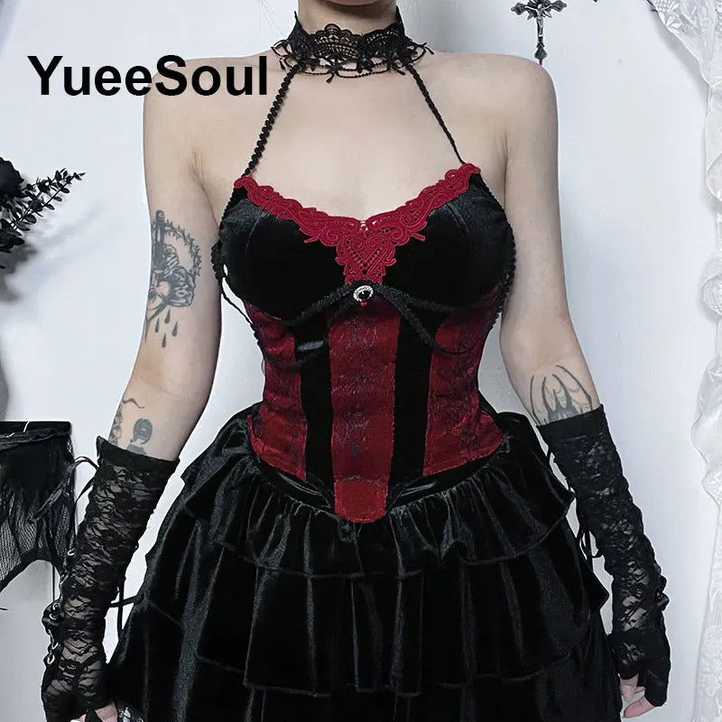 Gothic Crop Tops Black Lace Mesh Tanks Tops 2026 New Y2K Goth Punk Grunge Fairy Core Sexy Y2K Halloween 2000s Women Clothing