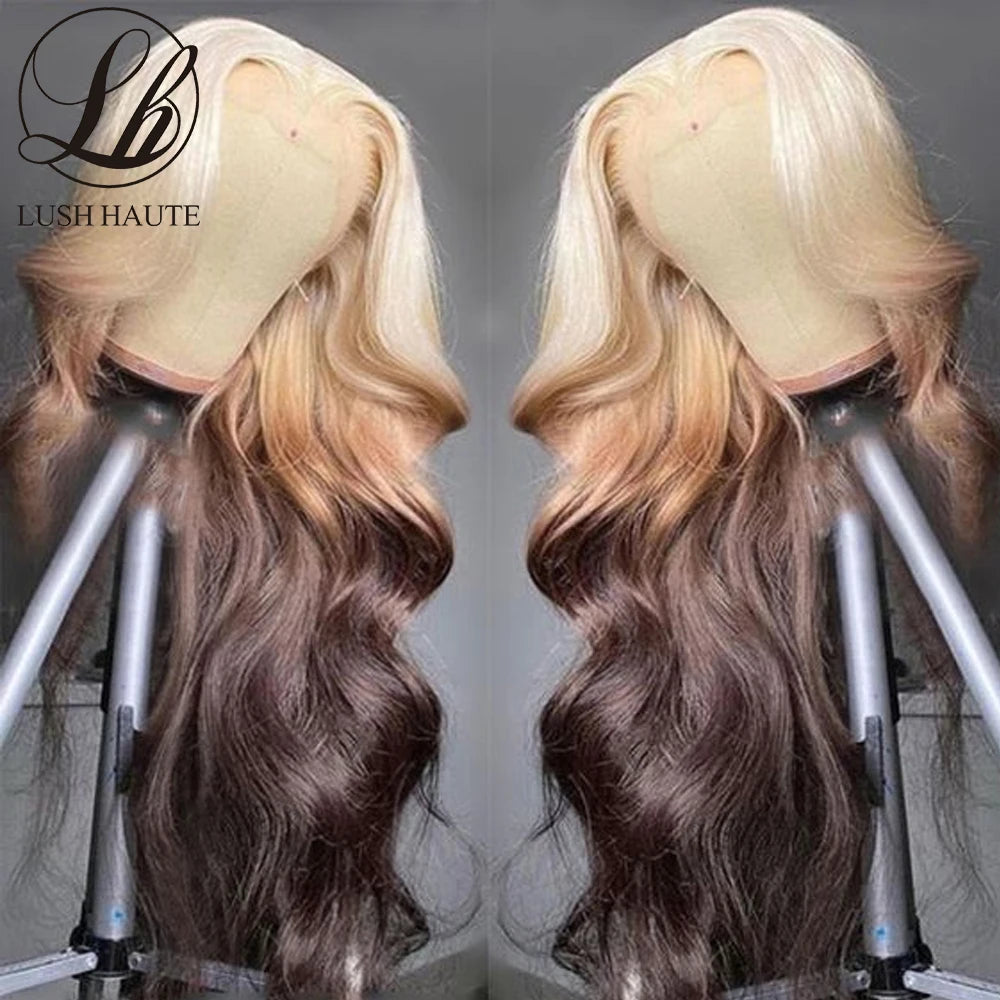 Ombre Blonde 13x6 Lace Front Wig Synthetic Wig Blonde 613 Roots With Black Ends Straight Transparent HD Lace Frontal Wig Cosplay