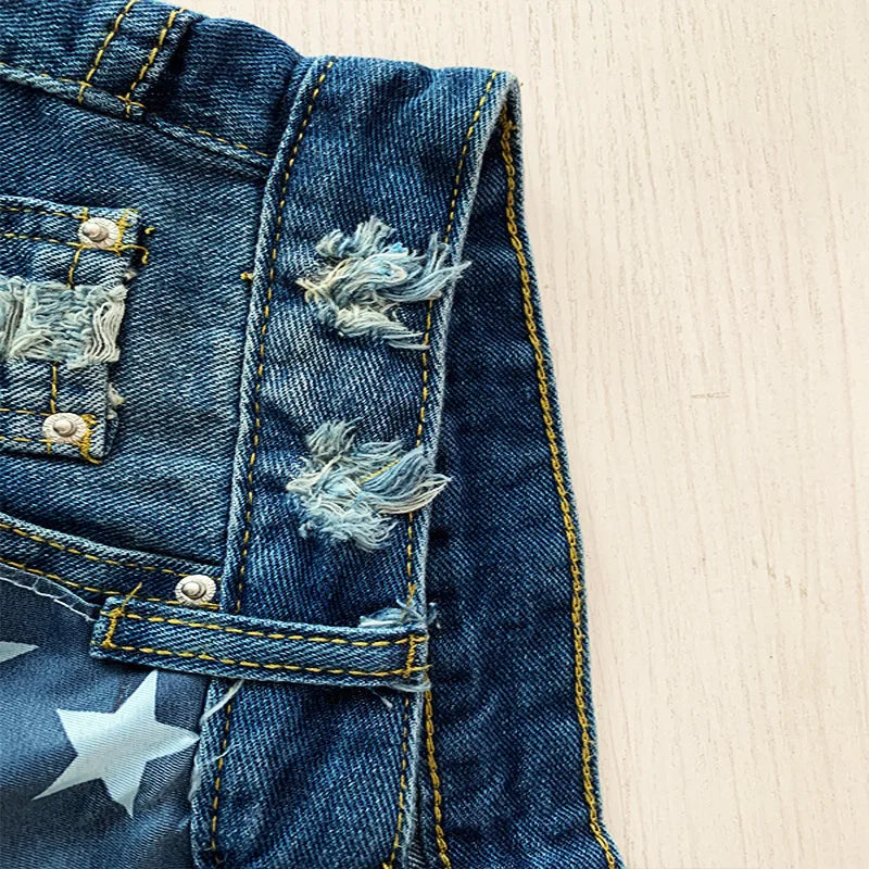 American Flag Fringed Star Printed High Waist Denim Shorts for Women