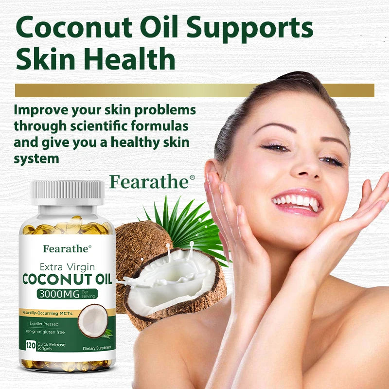 Extra Virgin Coconut Oil, 3000mg, 30/60/120 Softgels, Expeller Pressed Supplement Support for Hair, Nails & Skin Health, Non-GMO