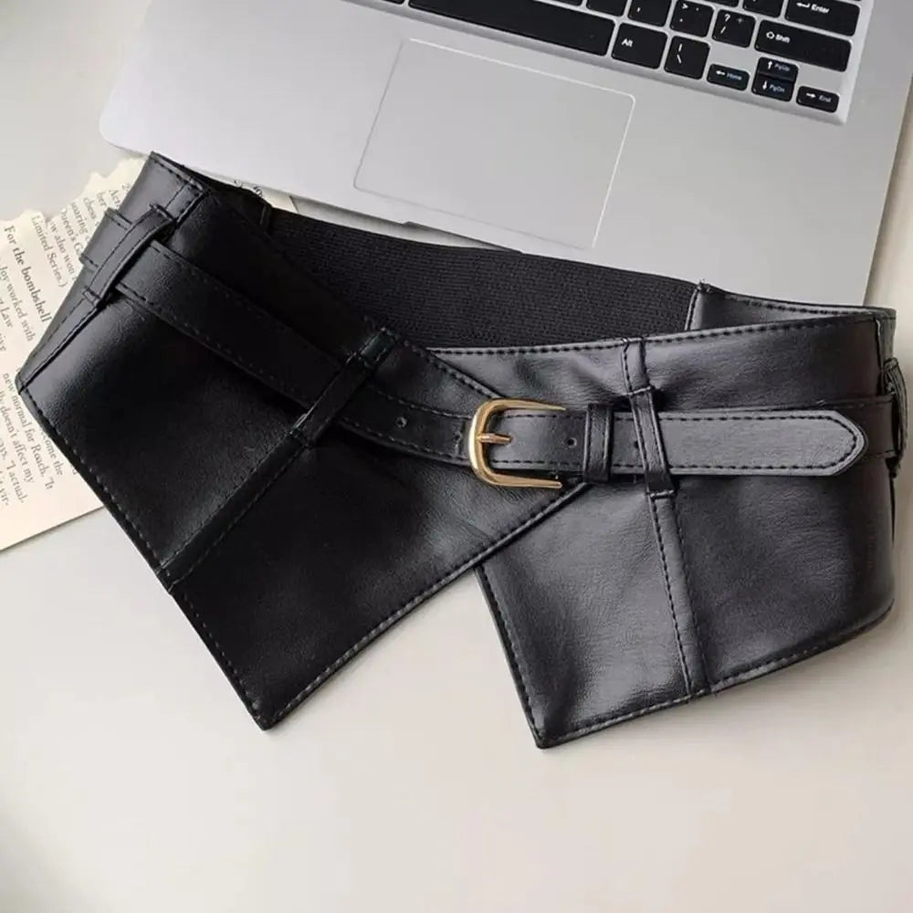 Punk Adjustable Elastic Cummerbunds Black Solid Color Wide Belt PU Leather Waistband Waist Corset Girl