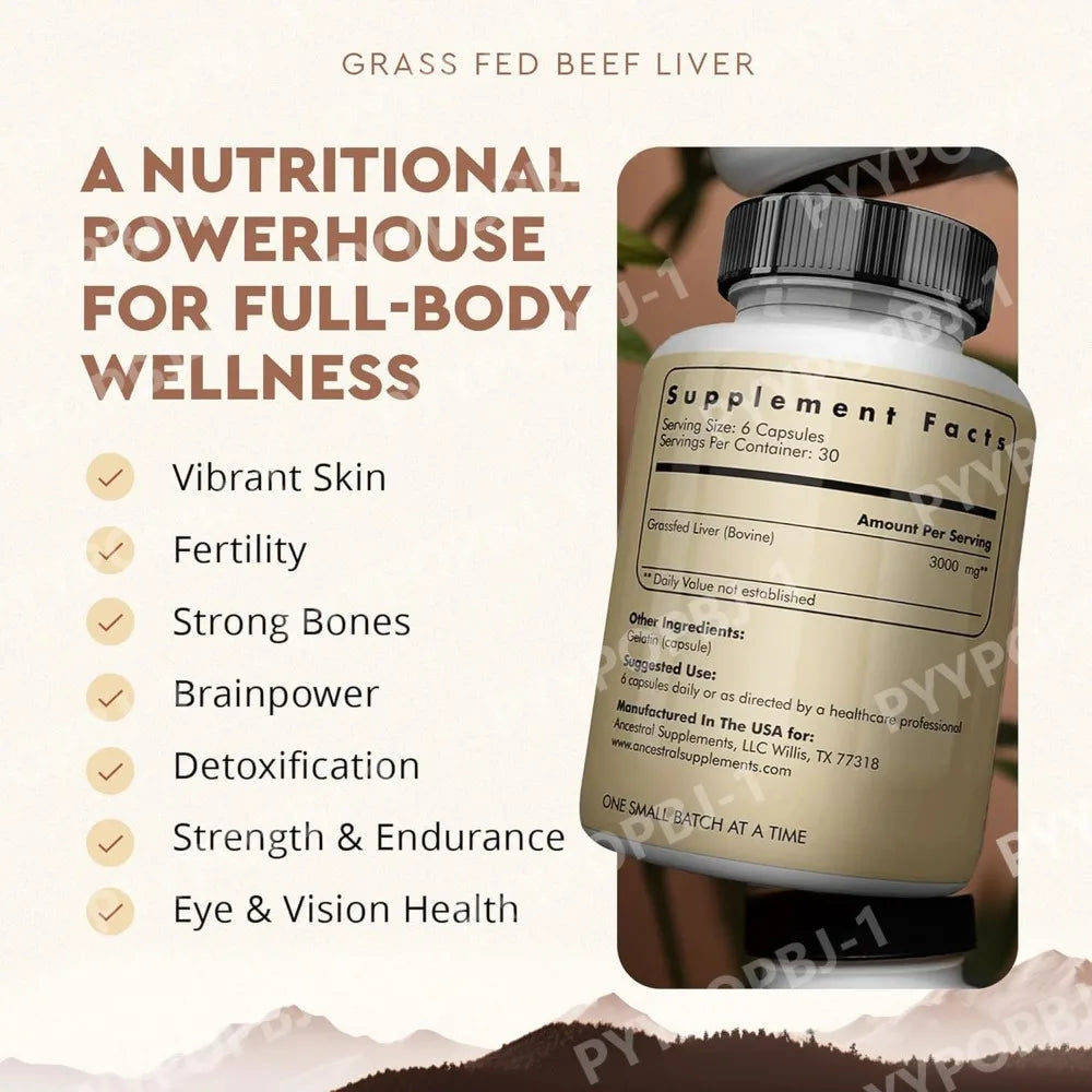 Grassfed Beef Liver Capsules 500mg Each, Pasture Raised Bovine Liver Supplement, Non GMO, 180 Capsules