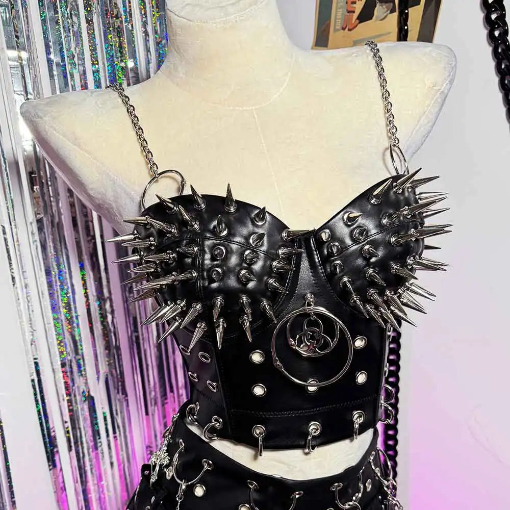 Gothic Emo Punk Rock Women's Top with Spikes Grunge PU Leather Spiked Tank Y2K Style Sexy Rave Festival Club Wear Goth Clothing