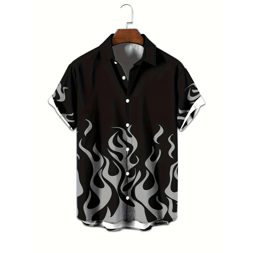 Flame Pattern Hawaiian Shirt Personality Hip Hop Gradient Fire Print Streetwear Skateboard Style Casual Lapel Short Sleeve Tops