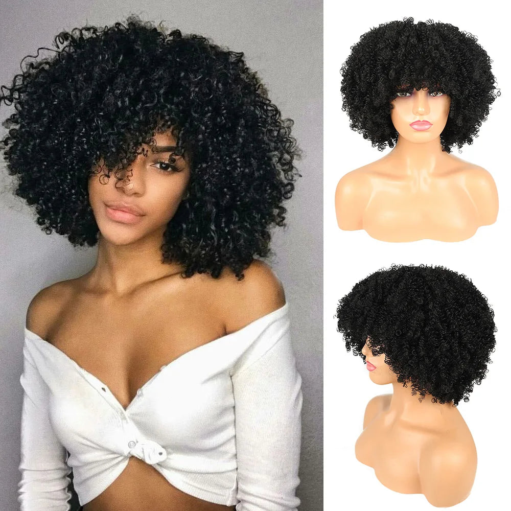 Synthetic Short Wig Afro Loose Curly Wigs For Black Women Short Curly Afro Wigs with Bangs Natural Curly Cosplay Party