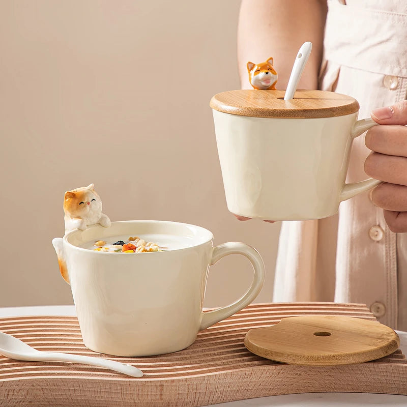 Tea Dog Cat 3D Shaped Cup Cartoon Ceramic with Cover Cute Mug Coffee Cups Birthday Gift Dessert Milk Mugs Home Decoration Couple