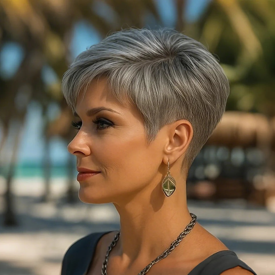 Short Gray Human Hair Wig for Women with Bangs Layered Pixie Cut Straight Hair with Machine Made Wig