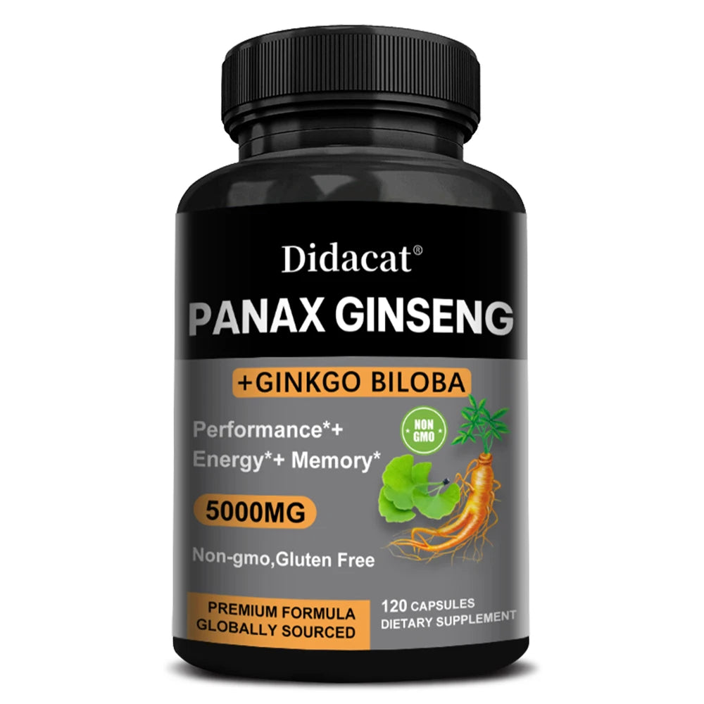 Korean Red Panax Ginseng with Ginkgo Biloba Capsules High Potency for Male Natural Health Supplement - Non-GMO, Vegan