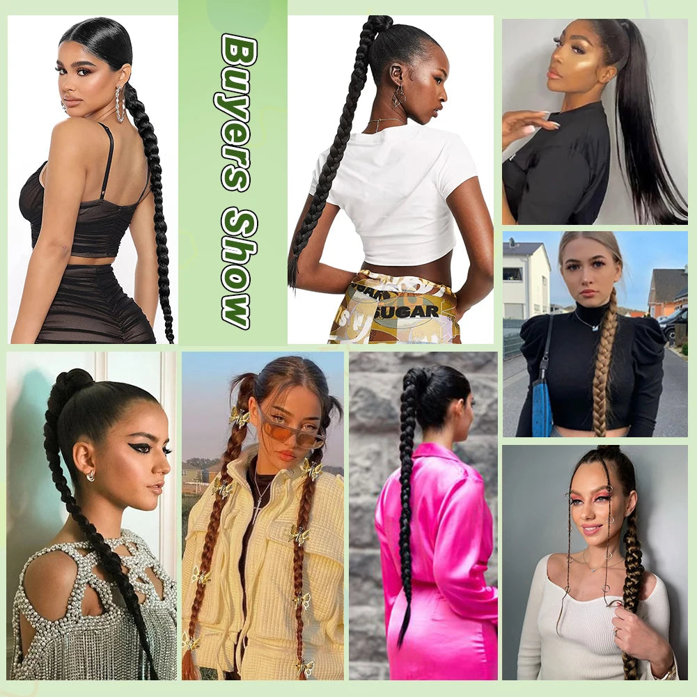 Ponytail Extensions Synthetic Boxing Braids Wrap Around Chignon Tail With Rubber Band Ombre Braid Hair Long Braided Ponytail