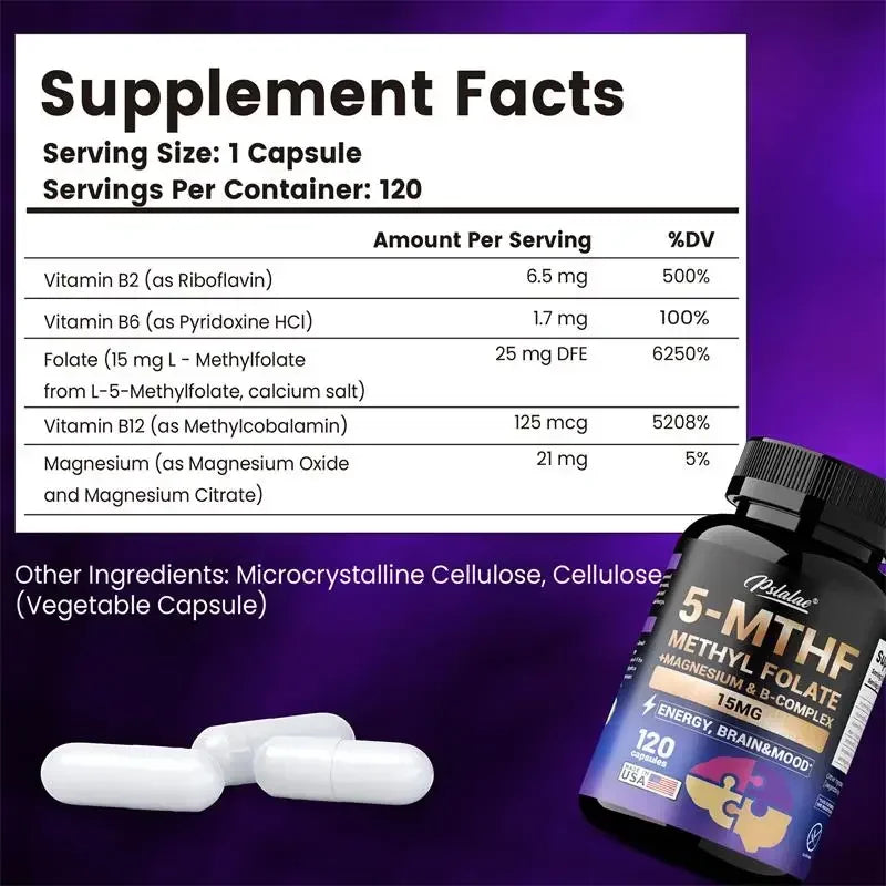 5-MTHF Methylfolate Supplement - for Brain, Heart Health, Enhances Memory, Focus and Clarity, Boosts Cognitive Function