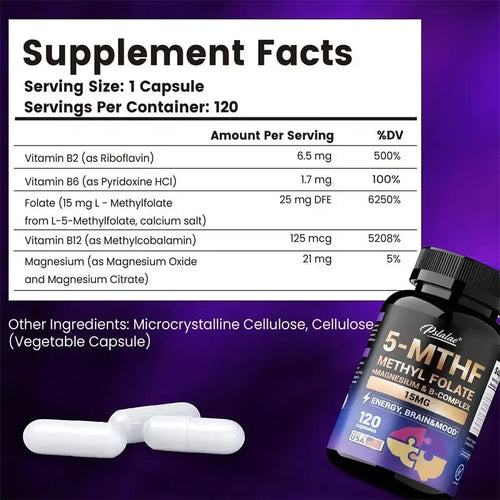 5-MTHF Methylfolate Supplement - for Brain, Heart Health, Enhances Memory, Focus and Clarity, Boosts Cognitive Function