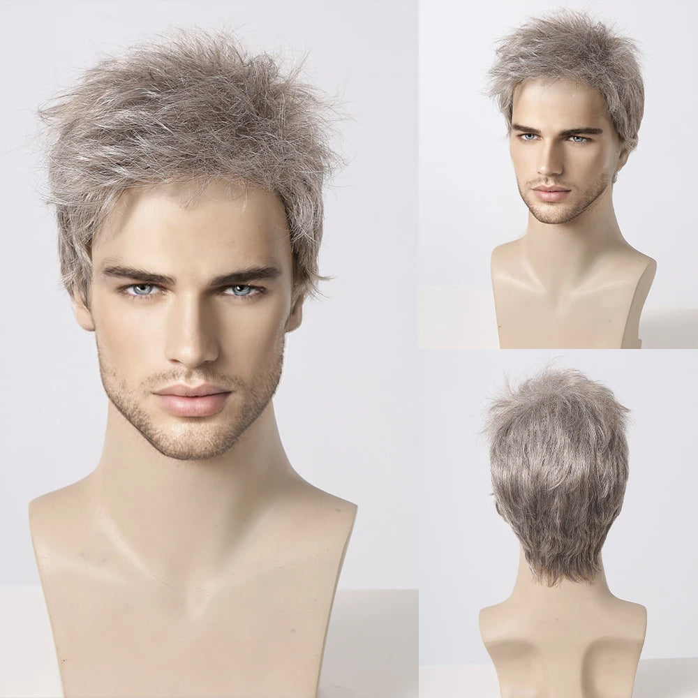 ALAN EATON Dark Brown Short Wig for Men Side Part Synthetic Layered Wigs with Bangs Natural Looking Synthetic Hair Full Wig