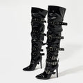 Liyke Punk Style Women Buckle Belt Strap Over The Knee Boots Fashion Zipper Thigh High Shoes Pointed Toe Party Strippers Heels