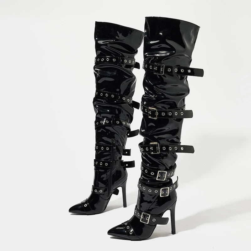 Liyke Punk Style Women Buckle Belt Strap Over The Knee Boots Fashion Zipper Thigh High Shoes Pointed Toe Party Strippers Heels