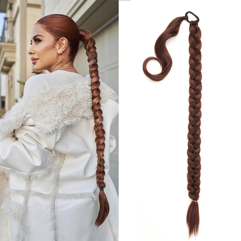 Ponytail Extensions Synthetic Boxing Braids Wrap Around Chignon Tail With Rubber Band Ombre Braid Hair Long Braided Ponytail