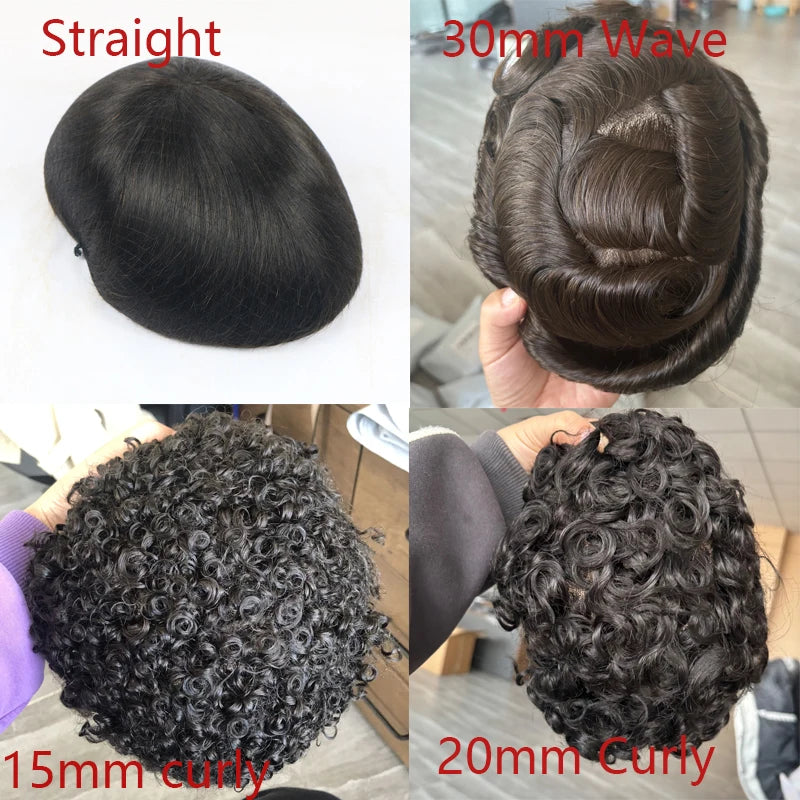 Men's Wigs Human Hair Super Durable Mono 20MM Curly Toupee Men Capillary Prosthesis Hair Unit Replacement System Pieces For Male