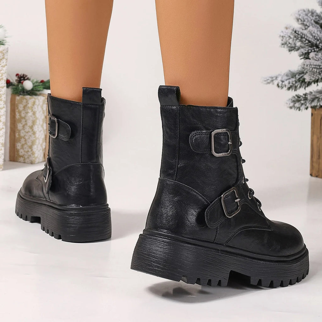 Women's Black Platform Combat Boots Fashion Buckle Strap PU Leather Ankle Boots Woman Plus Size Non Slip Motorcycle Botas Mujer
