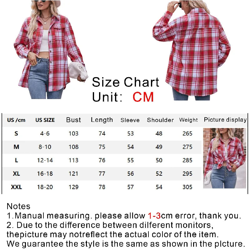 Women Plaid Long Sleeve Shirt Lapel Button Down Oversized Blouse Casual Loose Tunic Top Classic Checkered Pattern Casual Daily