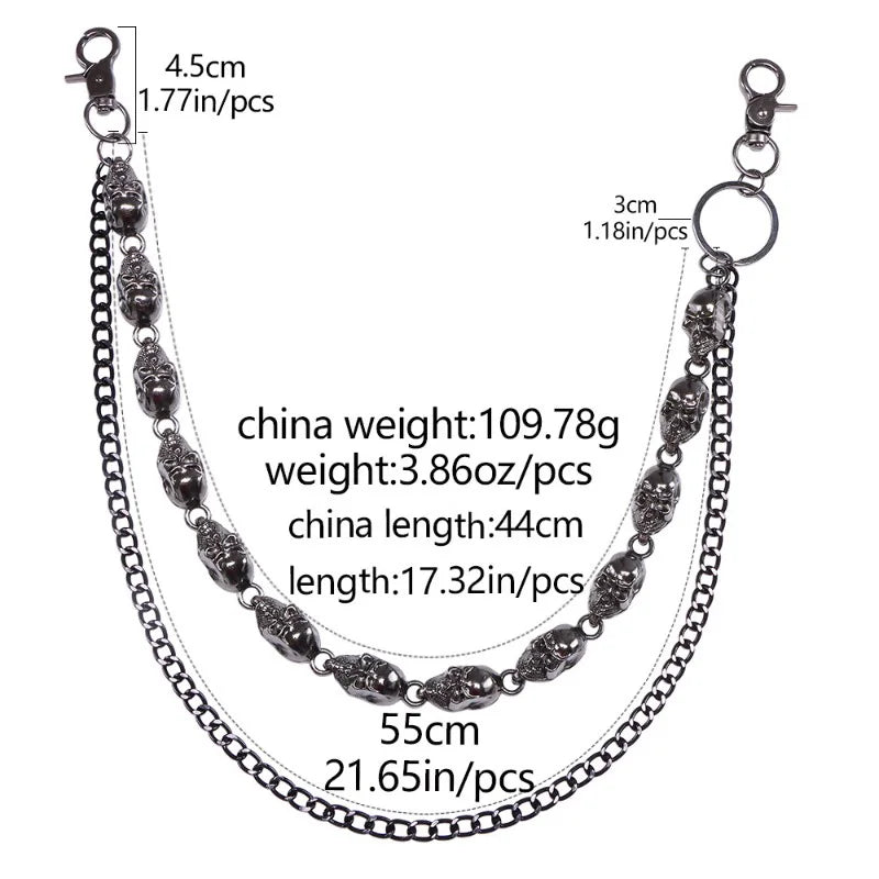 Gothic Punk Curb Chain with Skull Pendants Heavy Duty Black Waist Chain for Men Women Hip Hop Y2K Keychain Belts Accessory