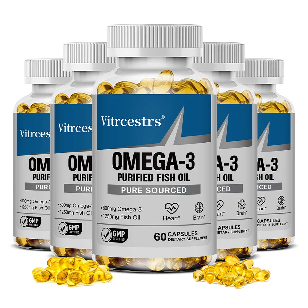 Omega 3 Fish Oil 1250mg Softgels - 400mg EPA 300mg DHA, High Potency Brain Heart Joint Health, Wild Caught, 60/120 Counts