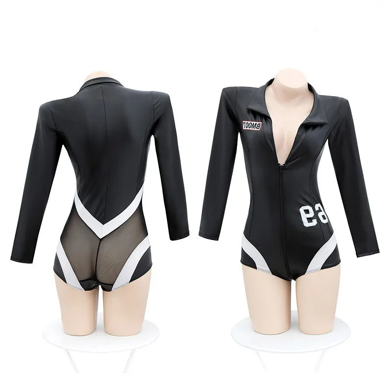 Womens Sexy Biker Racing Uniform Erotic Lingerie Leather Catsuit Sexy Shorts Bodysuits For Women Black Jumpsuits Female Bodysuit