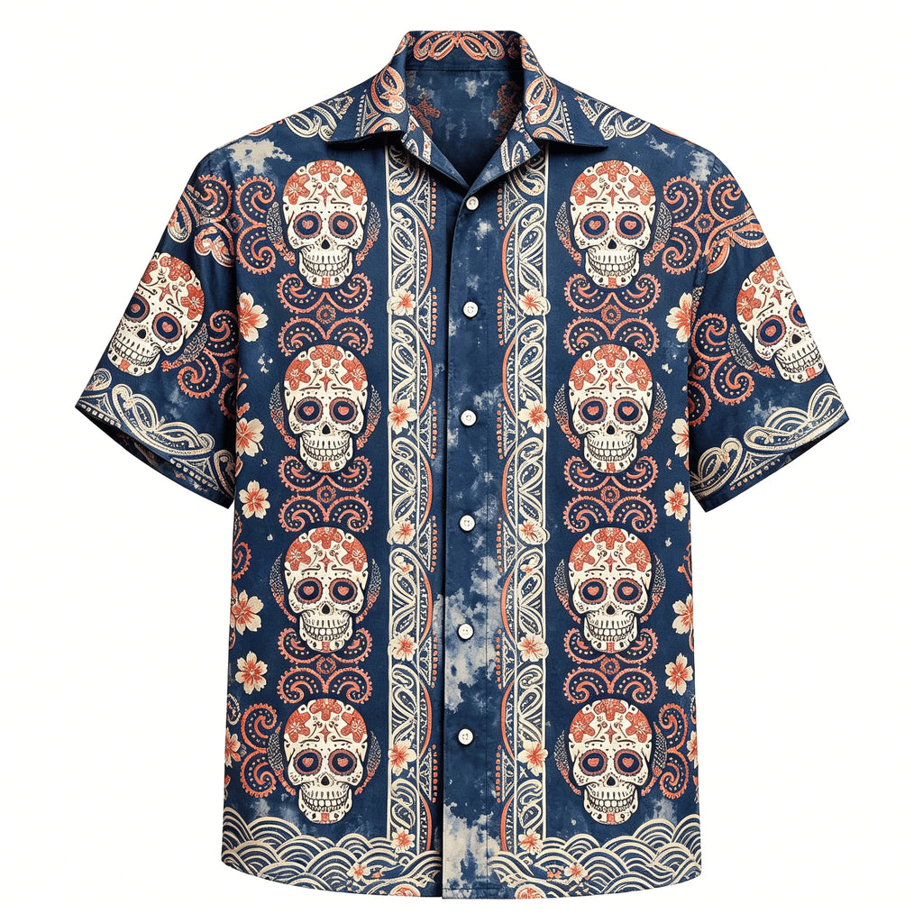 Men's Hawaiian Sugar Skull Shirt, Floral Hibiscus Print, Casual Summer Beach Button-Down