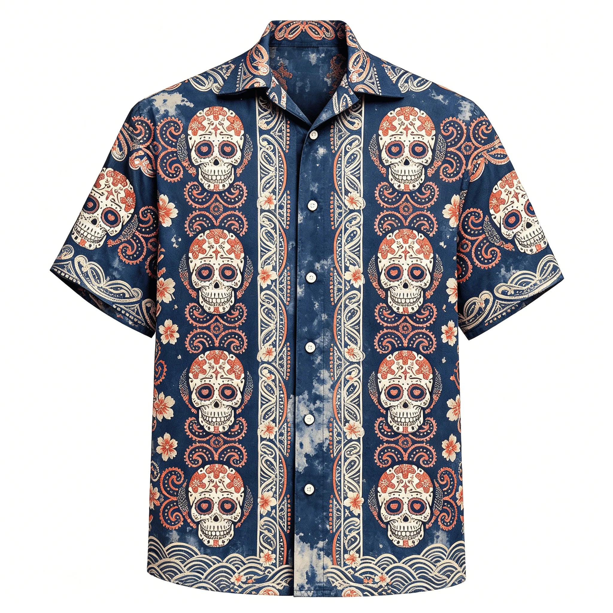 Men's Hawaiian Sugar Skull Shirt, Floral Hibiscus Print, Casual Summer Beach Button-Down