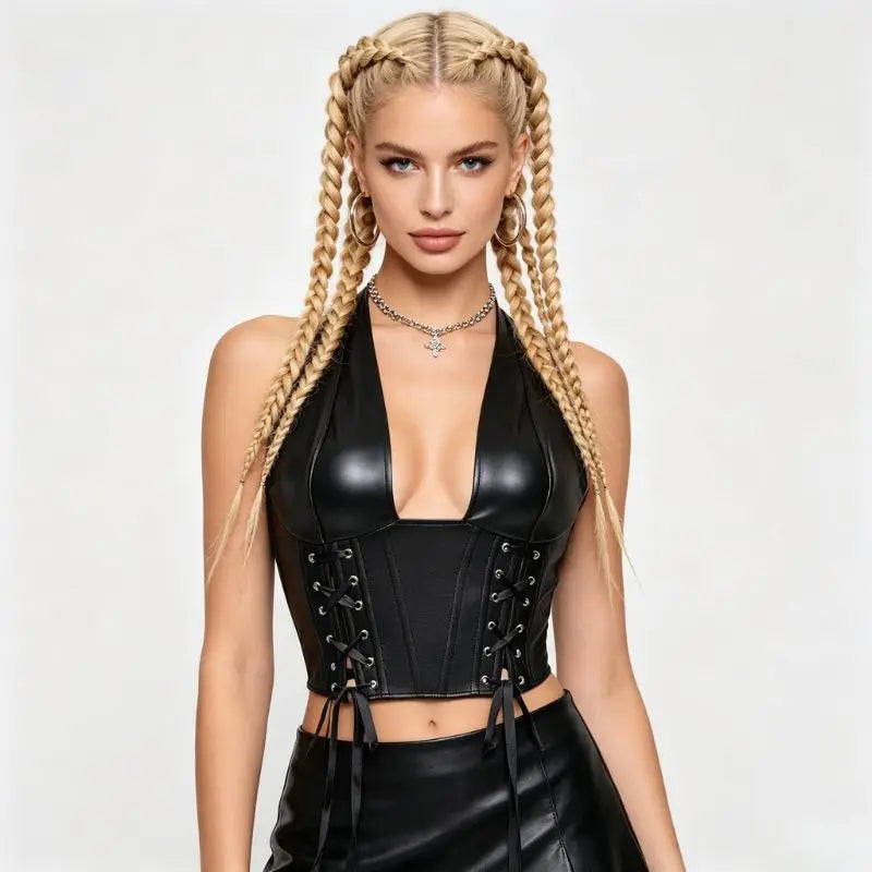 Punk girl collar style faux leather corset with multiple straps and fish bone elastic waistband for shaping the body. Tight top.