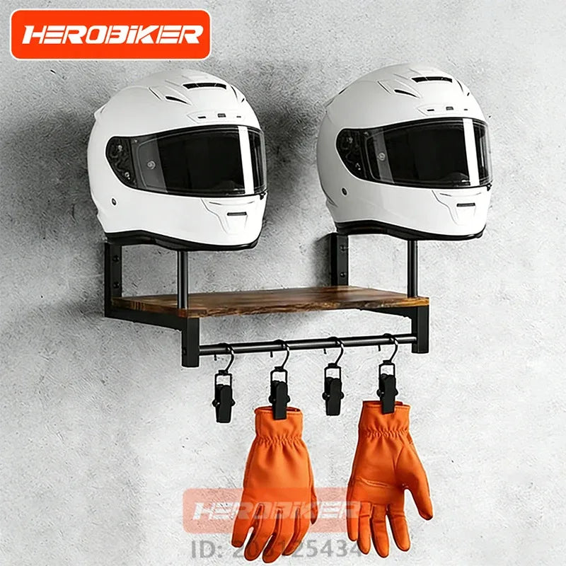 Motorcycle Helmet Wall Mount Wooden Shelf With Adjustable Hooks Sturdy Durable Storage For Motocross Bicycle Accessories