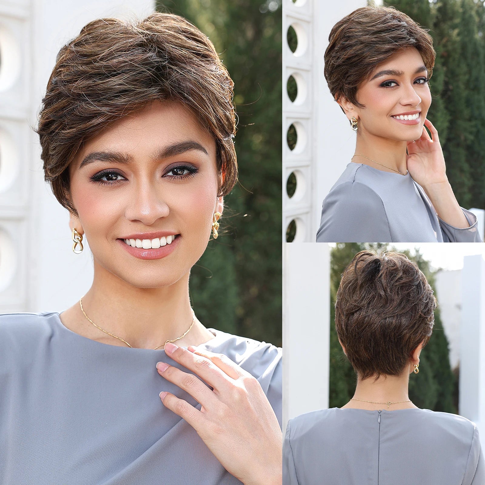 MONO Lace Frontal Synthetic Wigs Short Straight Bob Wig Highlight Gray Brown Blonde Mixed Wig for Women Daily wig Hear Resistant